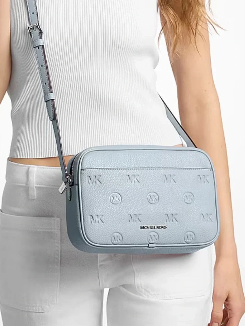Michael Kors Jet Set Travel Lg Logo Debossed EW Camera Crossbody Pale Ocean NWT